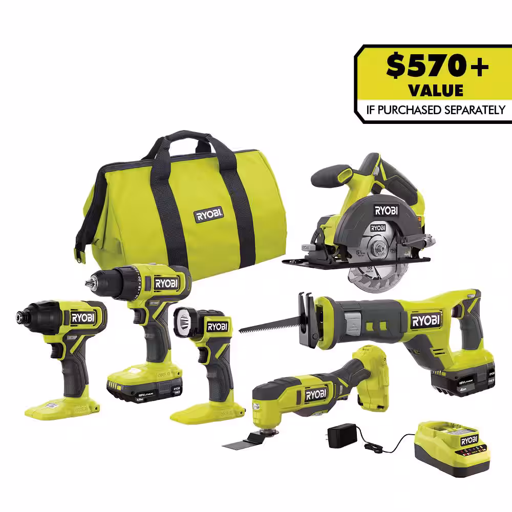 RYOBI ONE+ 18V Cordless 6-Tool Combo kit with 1.5 Ah Battery, 4.0 Ah Battery, y Charger PCL1600K2