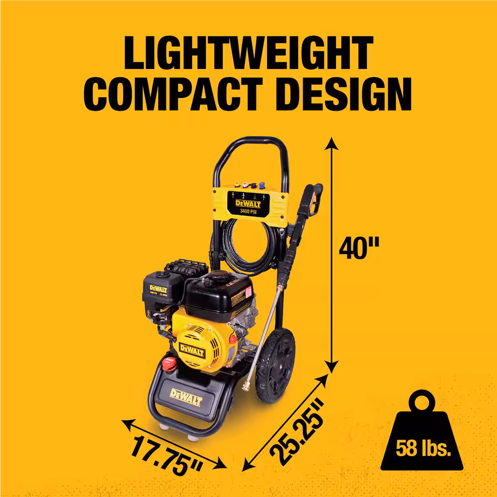 Lavadora a presión de agua fría a gas DEWALT 3400 PSI 2.5 GPM con motor de 208 cc DXPW61372