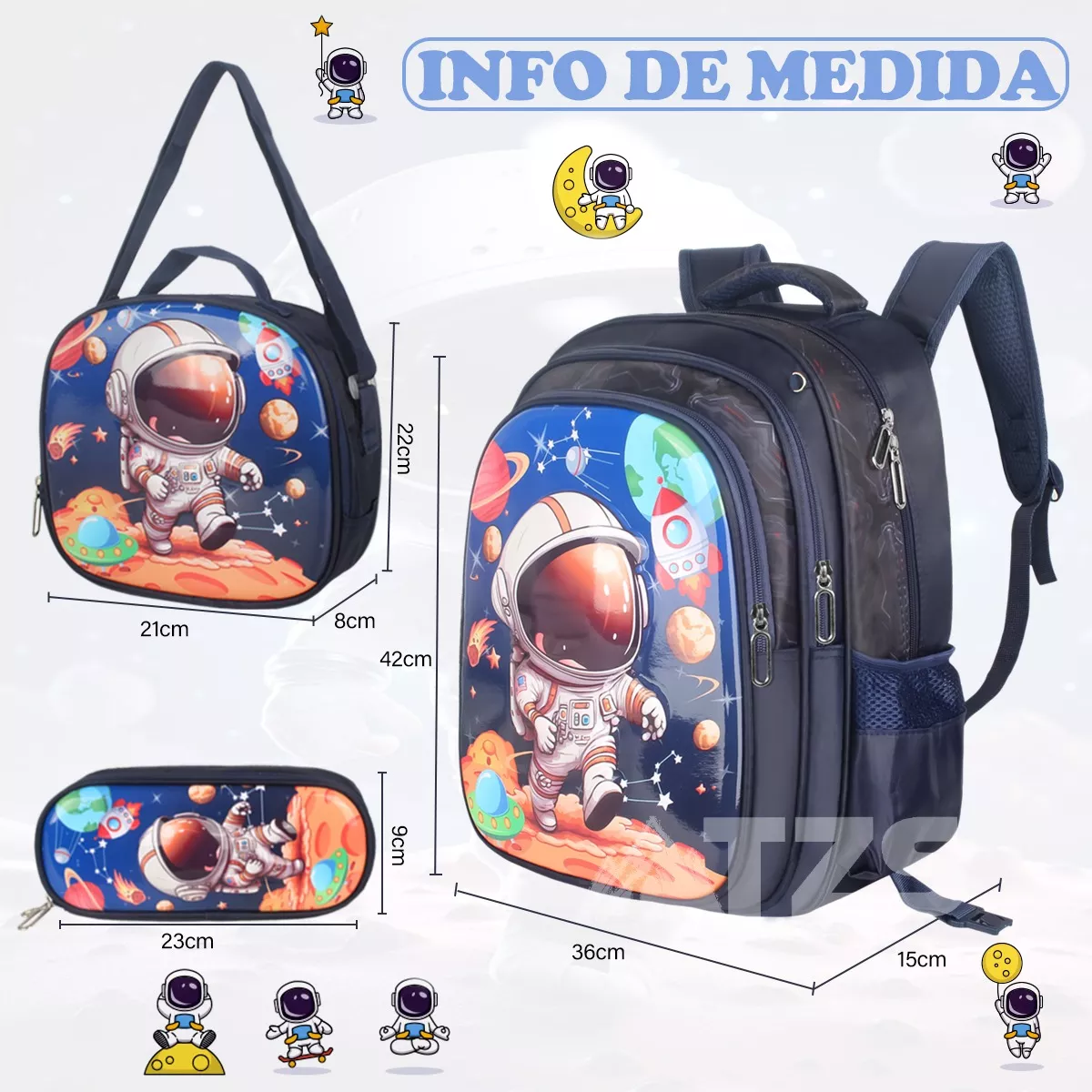 Mochila Escolar Astronautas Para Niño Con Lonchera Lapicera Juego De 3 Piezas