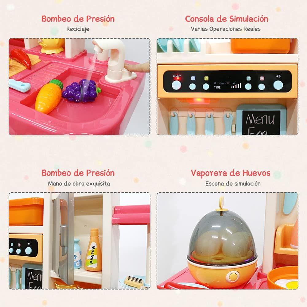 E T EASYTAO Cocina de Juguete para Nios de 65 Piezas con Humo, Luz, Sonido y Grifo para Salir Agua, Juguete Infantil Divertido, Juego de Roles, Regalo para Día del Nio （Altura: 93cm)