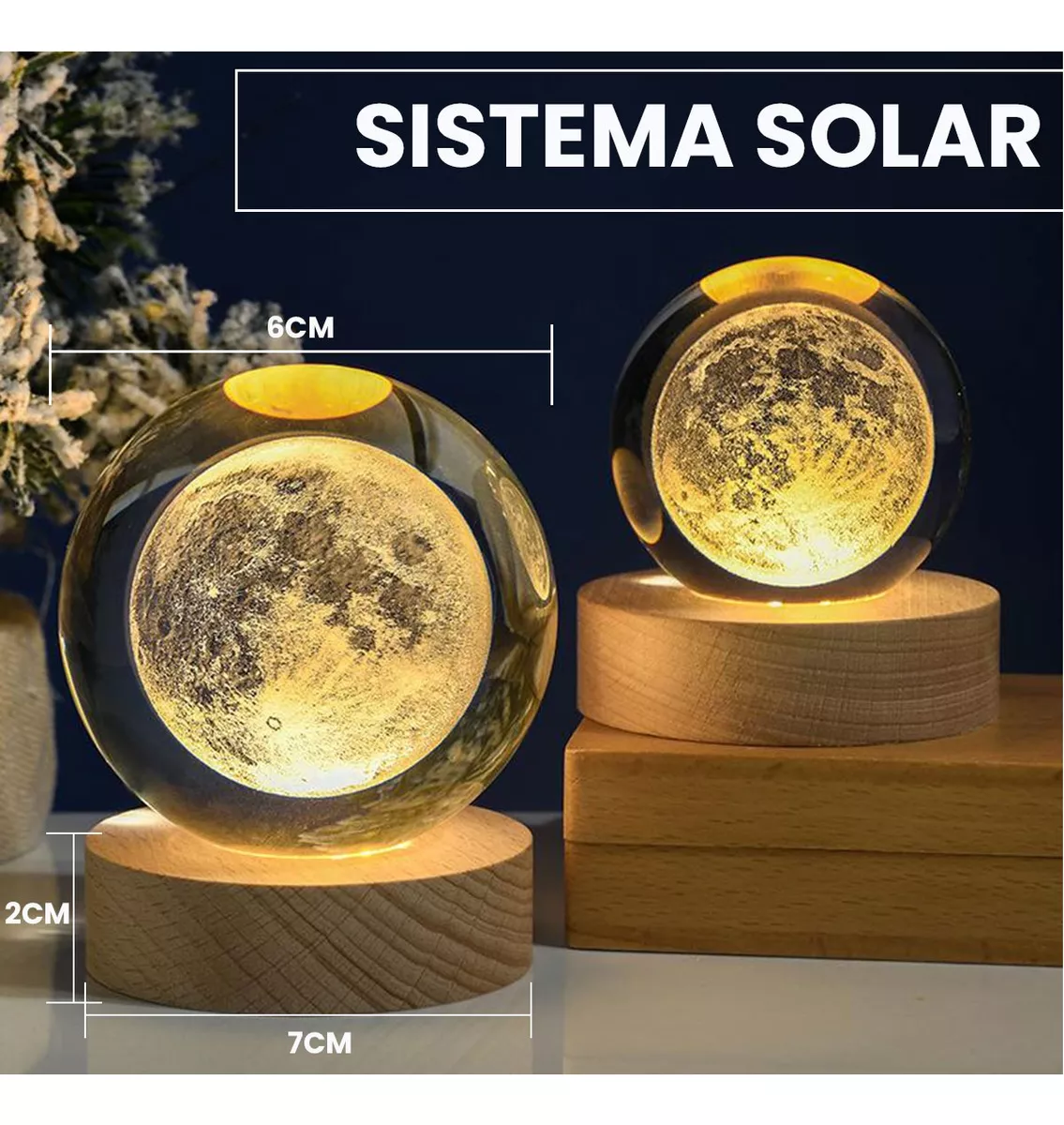 2pcs Led Luz De Noche 3d Luna Saturno Bola De Cristal