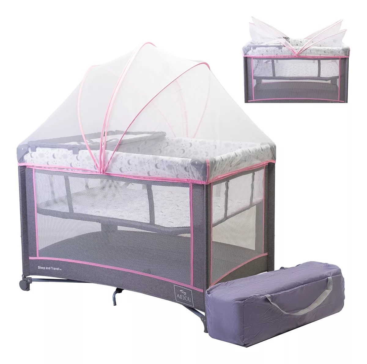 Cuna Corral Viajero Para Beb&eacute; Aeiou F303 Con Mosquitero color Gris/rosa