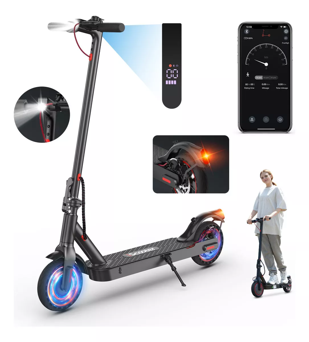 Scooter Eléctrico Patín Plegable I9pro Para Adulto Velocidad Máxima De 30km/h Con Motor Sin Escobillas Potenciamáxima 500w Con App Conluz Led