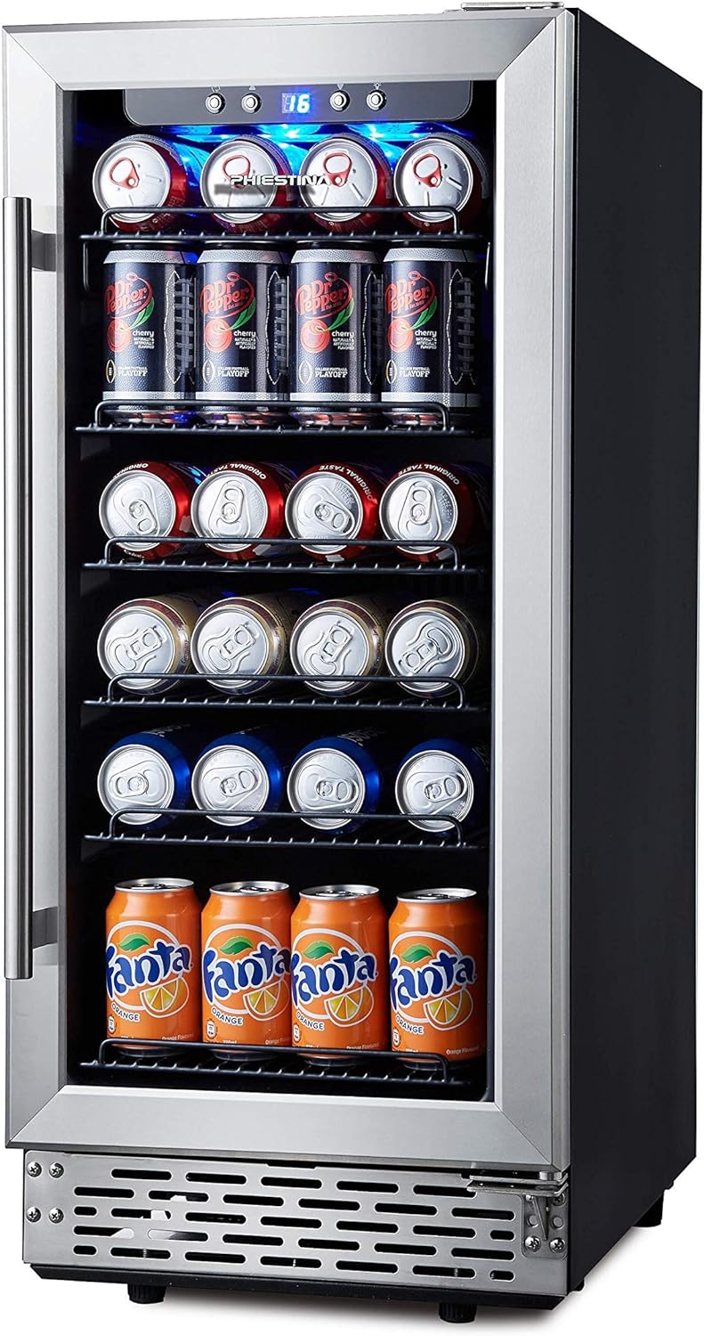 Phiestina-Refrigerador de bebidas de 15 pulgadas, 96 latas, mini refrigerador incorporado o independiente con descongelaci&oacute;n autom&aacute;tica, puerta de vidrio y 6 estantes extra&iacute;bles para el , bar
