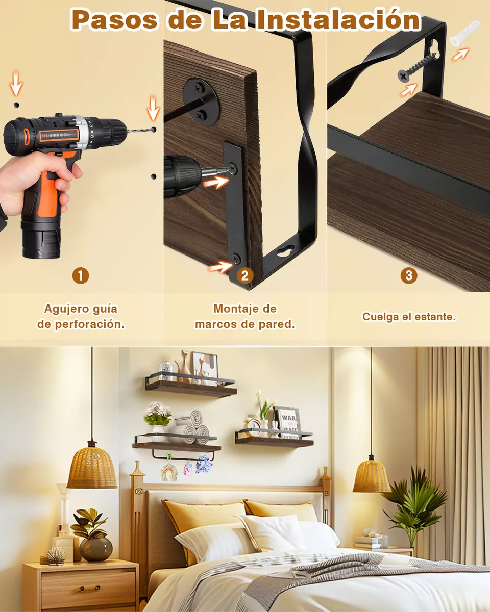 Repisas Flotantes Madera Modernas Estantes Baño Topon 3 Pcs