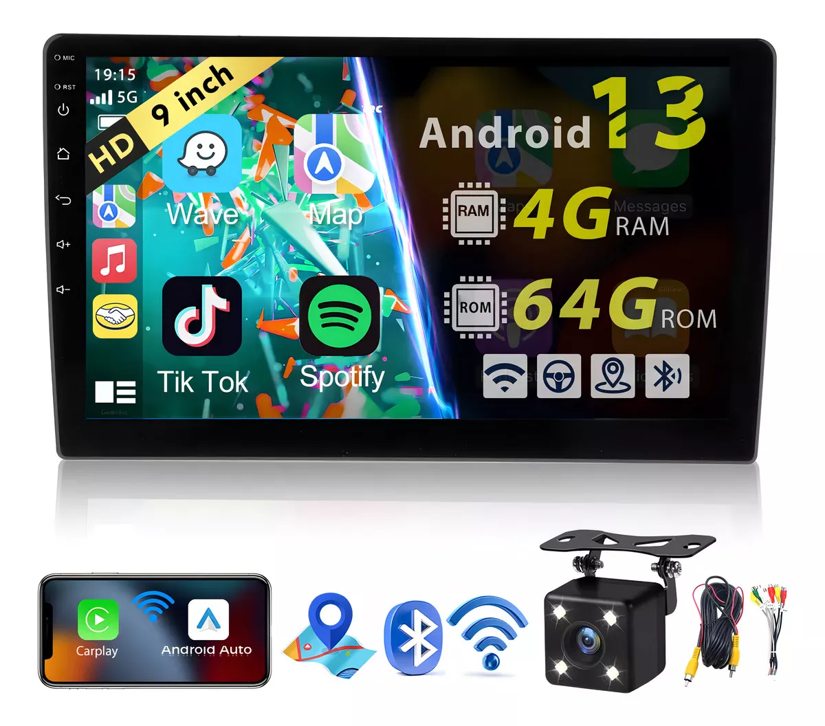 Est&eacute;reo Pantalla inal&aacute;mbrico Carplay 4+64g Android 13 Gps Wifi 9 Pulgadas