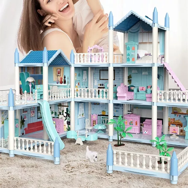 Casa de Muñecas Bricolaje azul con luces