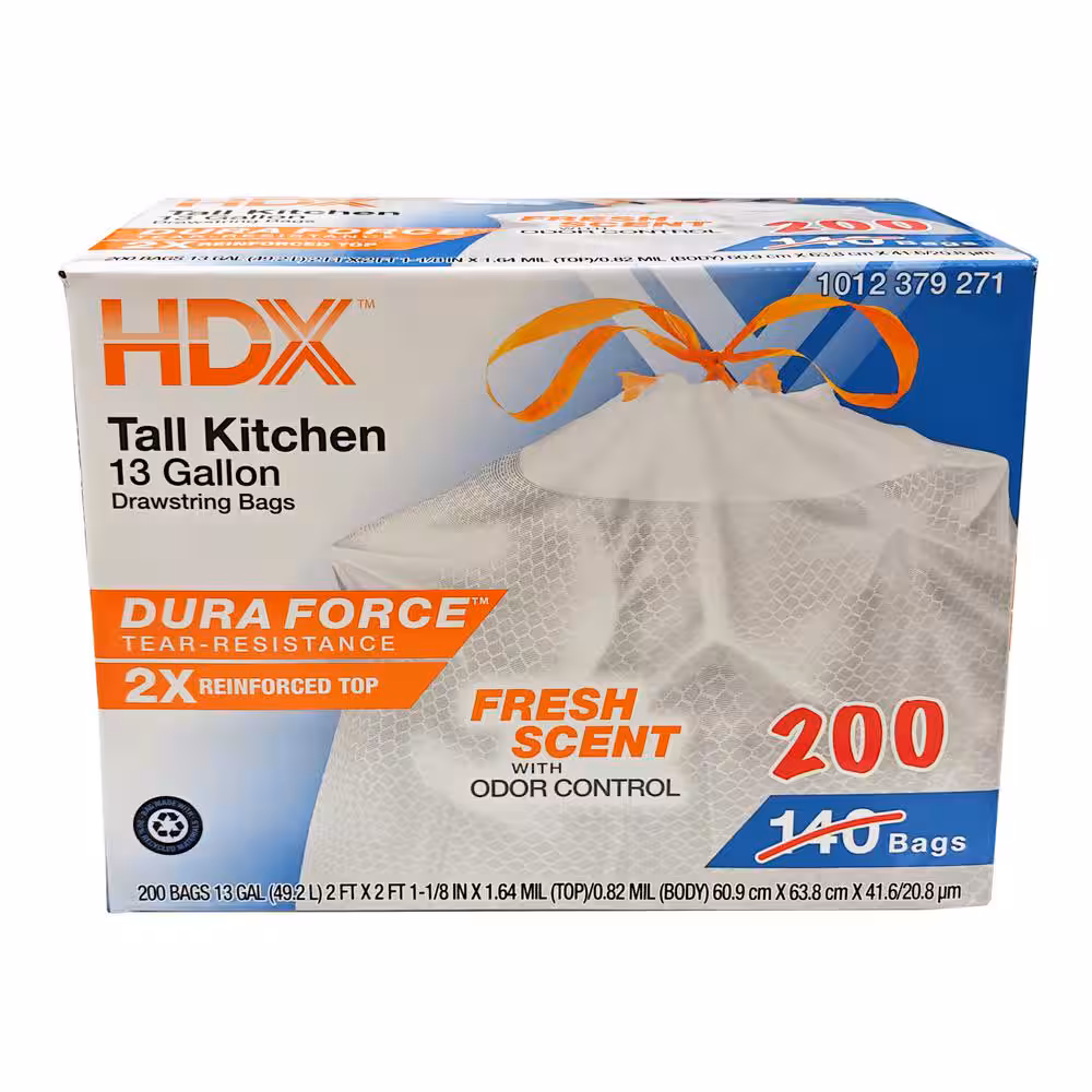 Bolsas de basura de cocina altas, perfumadas y frescas, con cord&oacute;n superior reforzado HDX de 13 galones con 20 % de PCR (200 unidades) HDR13XHFN200W-F