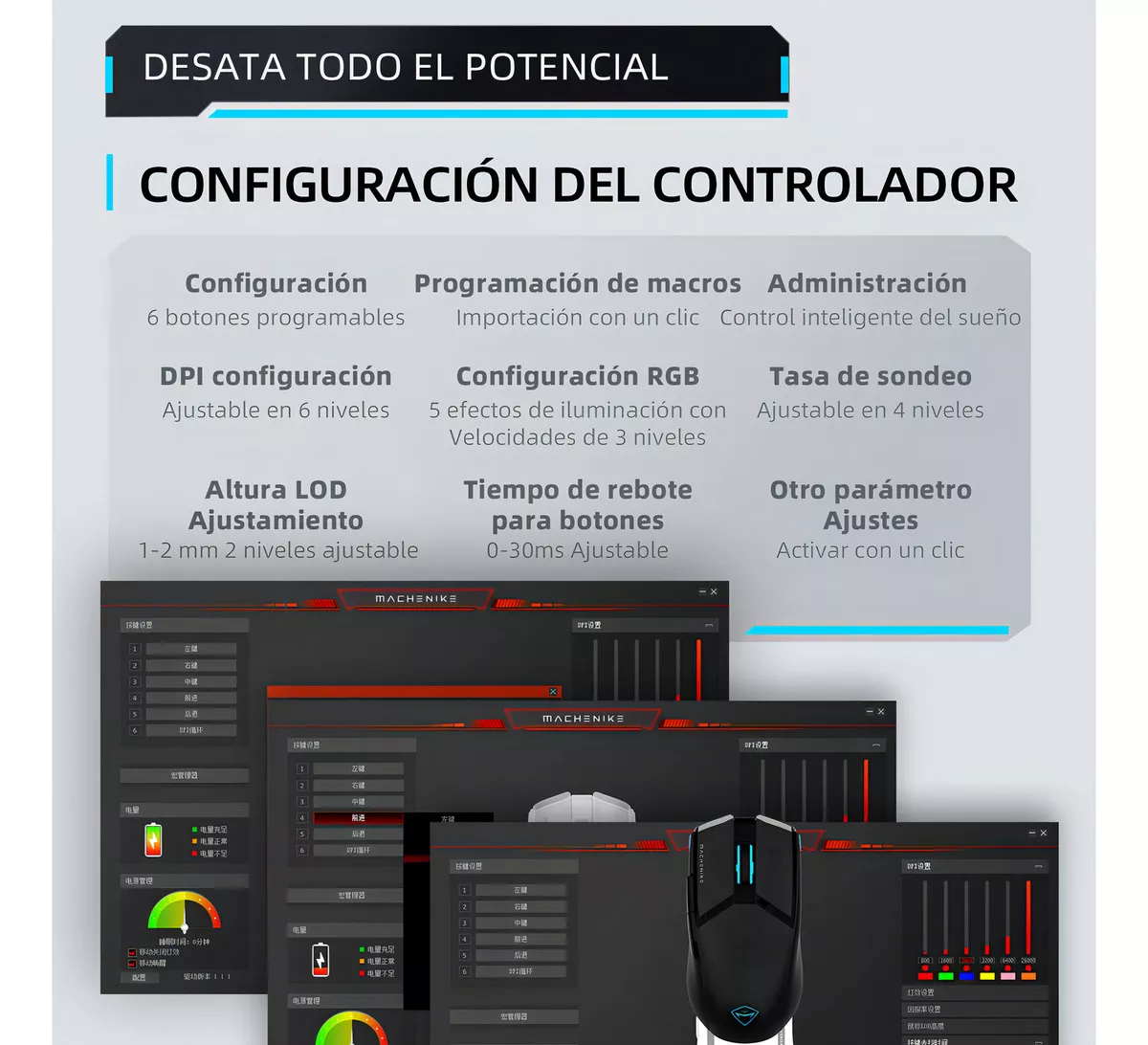 Mouse Gamer Inalámbrico Machenike M7pro Negro Paw3395 26000 Dpi-Two Modo Conexión (usb 2.4ghz Receiver + Con Cable)