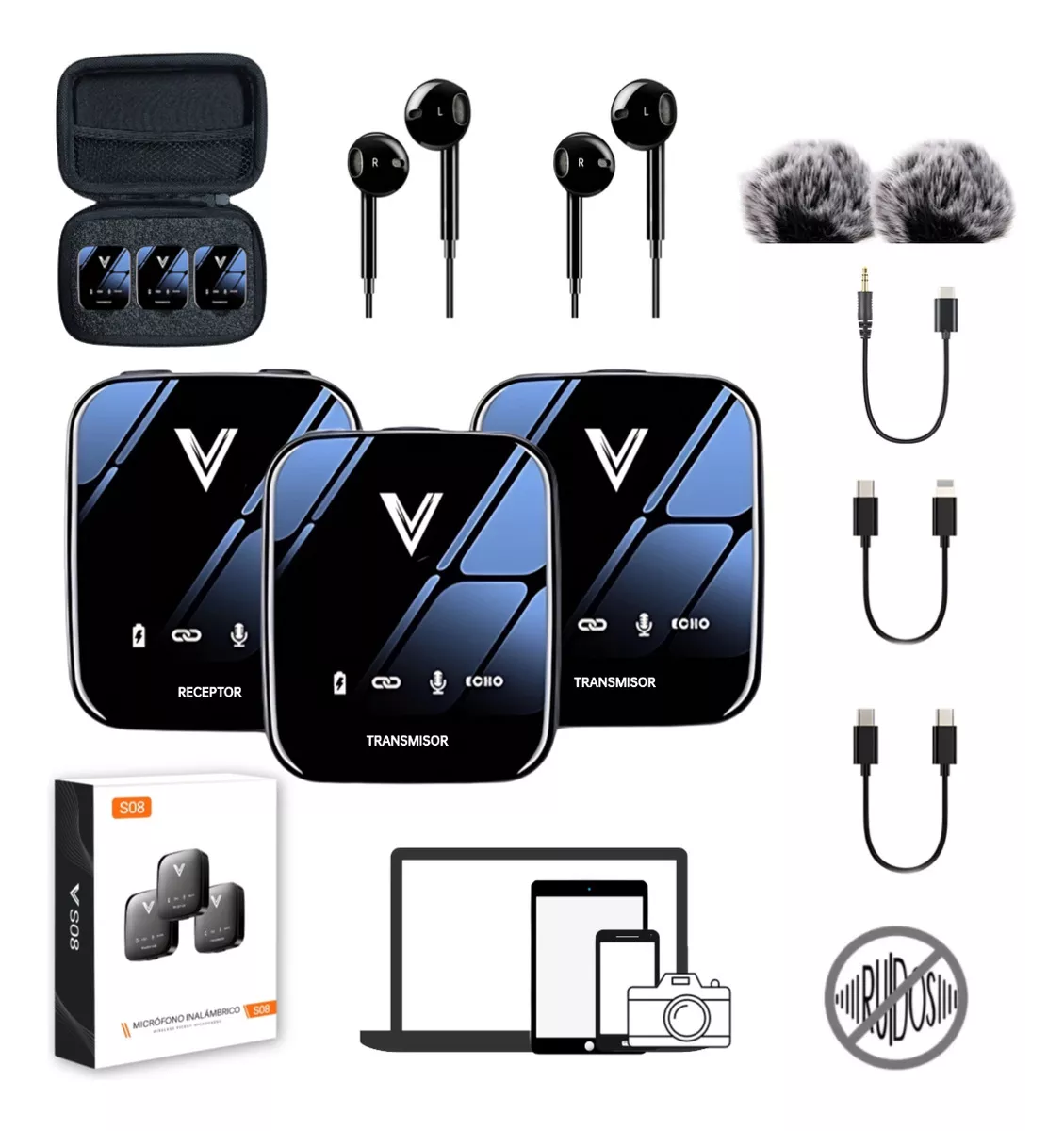 V Innovation S08 Micr&oacute;fono Profesional Lavalier Solapa Inal&aacute;mbrico Para Celular C&aacute;mara Pc Gamer Condensador Bluetooth Reducci&oacute;n De Ruido Con Auriculares De Monitoreo Parabrisas Y Estuche color Negro