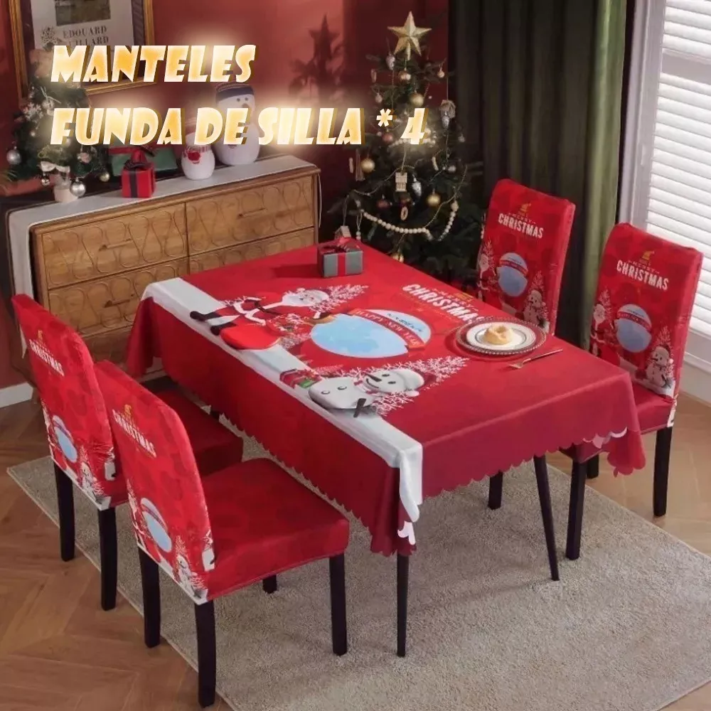 Juego De Mantel Navideño+funda De Silla Papá Noel 4pcs 1.8m