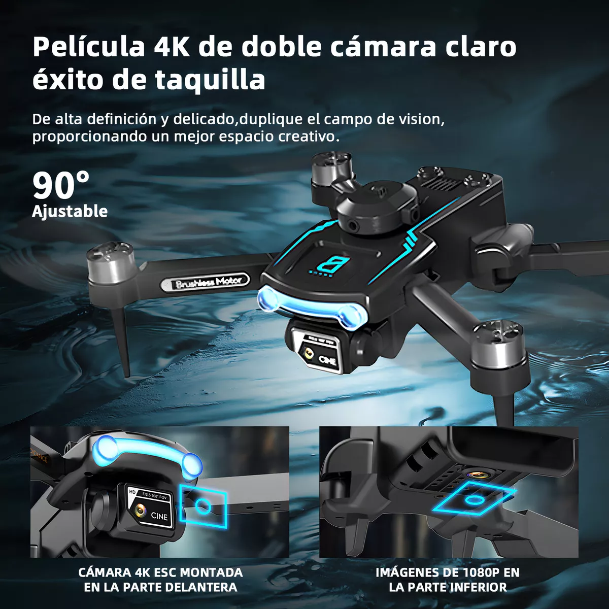 Mini Dron 4K con Doble Cámara HD Profesional Plegable Wifi Tres Baterías Sin Escobillas 2.4Ghz Negro