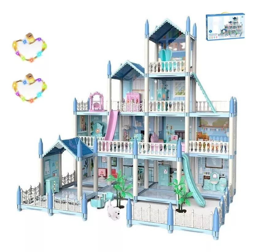 Casa de Muñecas Bricolaje azul con luces