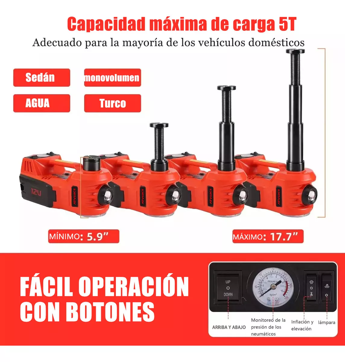 ATVERCE Gato Hidráulico Eléctrico Para Automóviles 12v 5 Ton 3 En 1