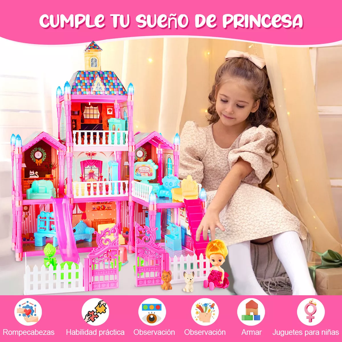 Casa De Muñecas Niña Con Tobogán Y Luz Led 192pcs 8 Espacios
