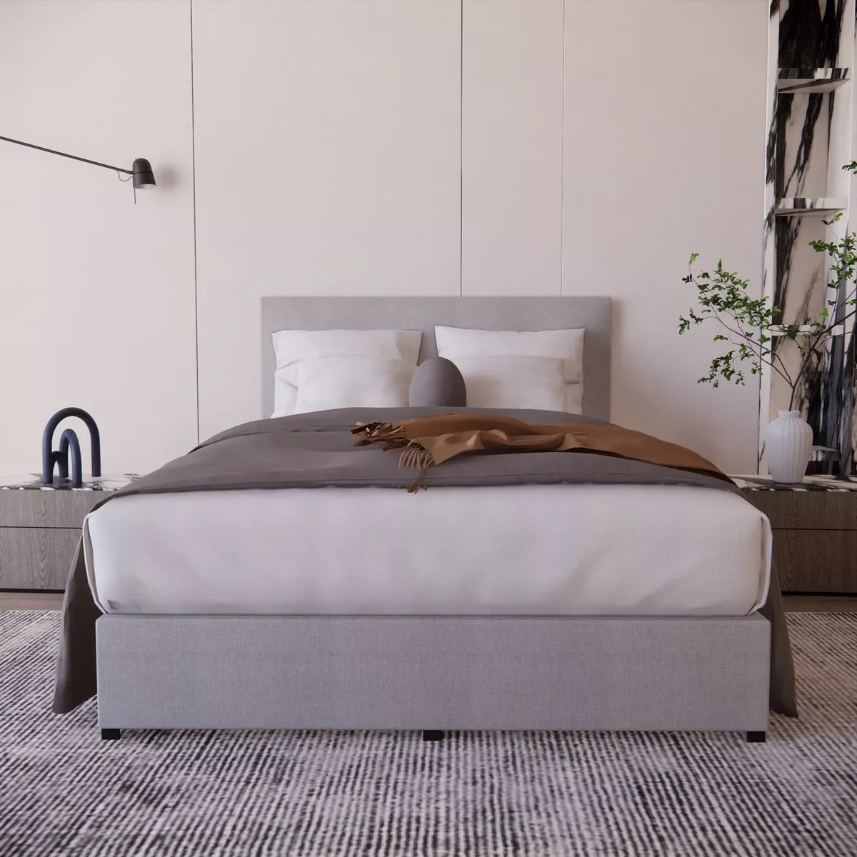 Cama Recamara Base Cabecera Urban Matrimonial Madera Tapiz Lino Gris