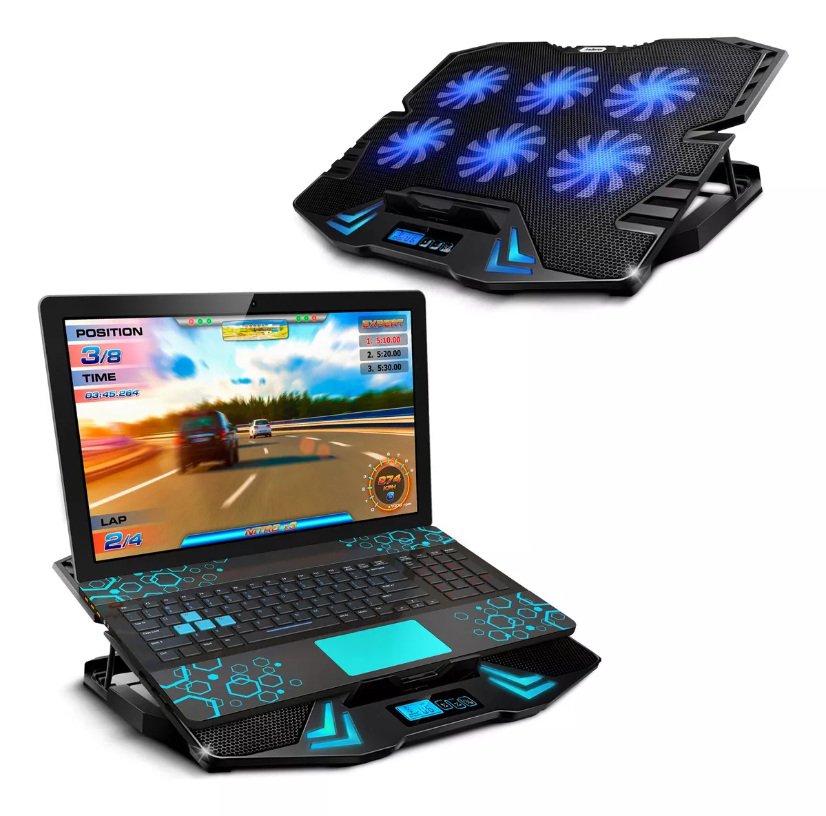 Ventilador y Soporte para Laptop Gamer con Luz LED, Base Ajustable para Laptop de 9&rdquo; a 17&rdquo;, 5 Niveles de Inclinaci&oacute;n, Enfriador Antideslizante con 6 Ventiladores y 6 Velocidades, 2 Puertos USB