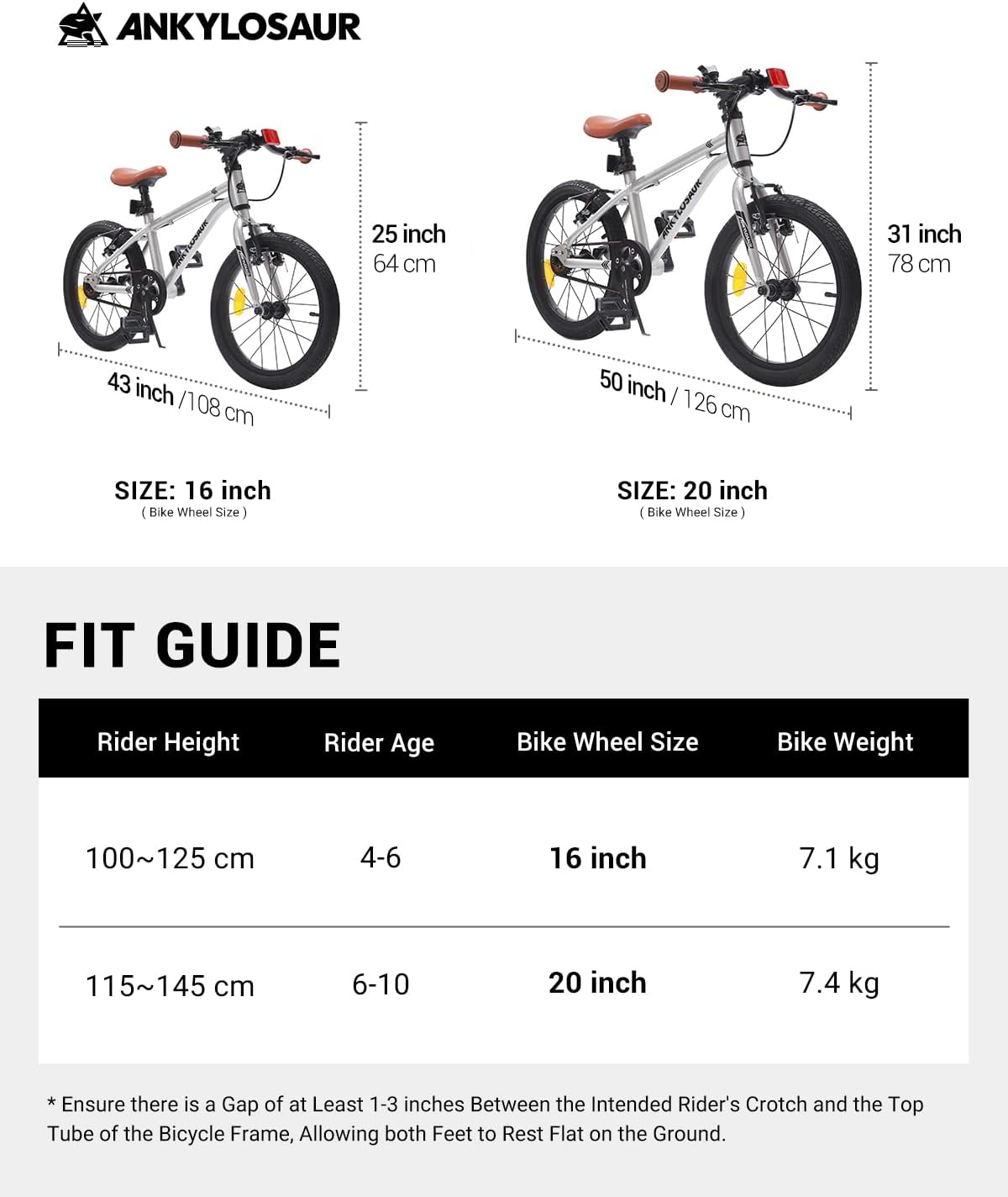 ANKLOSAUR Bicicleta infantil ligera de 16-20 pulgadas-inflador