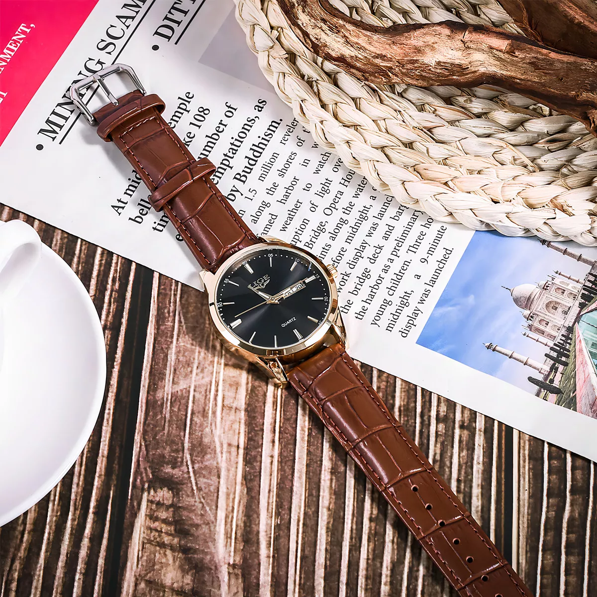 Reloj Cronógrafo Lige LG8970 De Cuero Casual Para Hombre