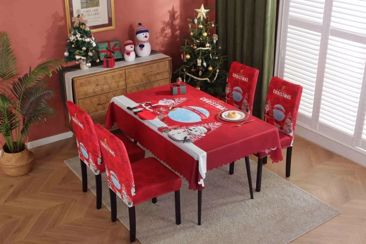 Juego De Mantel Navideño+funda De Silla Papá Noel 4pcs 1.8m