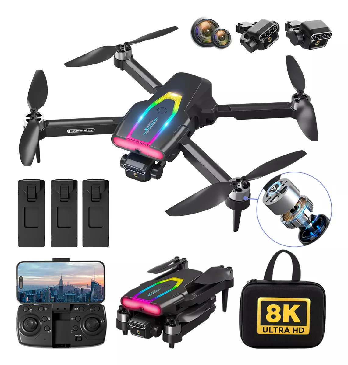 Fij Mini Drones Con C&aacute;mara 8k Hd F199 Sin Escobillas 3 Bater&iacute;as