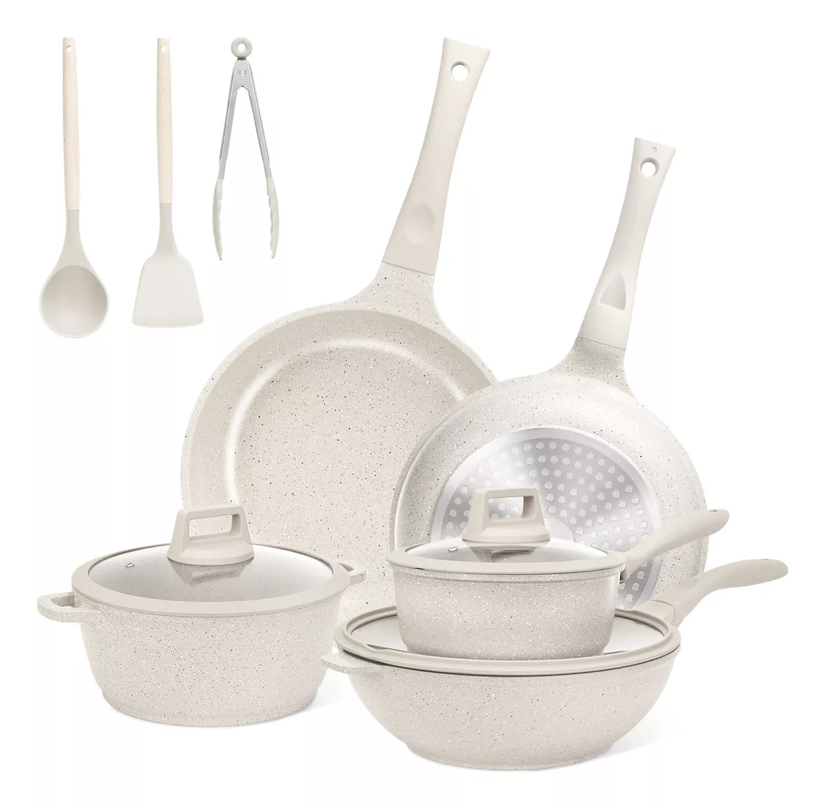 Batería de Cocina Antiadherente con Tapa Juego De Ollas Y Sartenes Apto para la Mayoría de Estufas Batería de Cocina Juego Cocina Antiadherente Seguro Apto para Lavavajillas Lavavajillas color Blanco