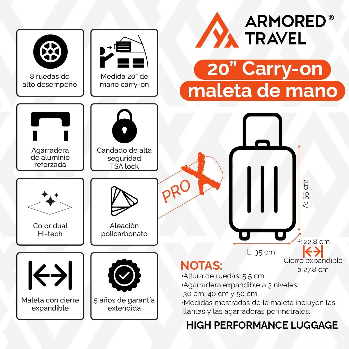 Maleta Viaje Carry On 20p 10 Kg Expandible Candado Tsa Pro-x
