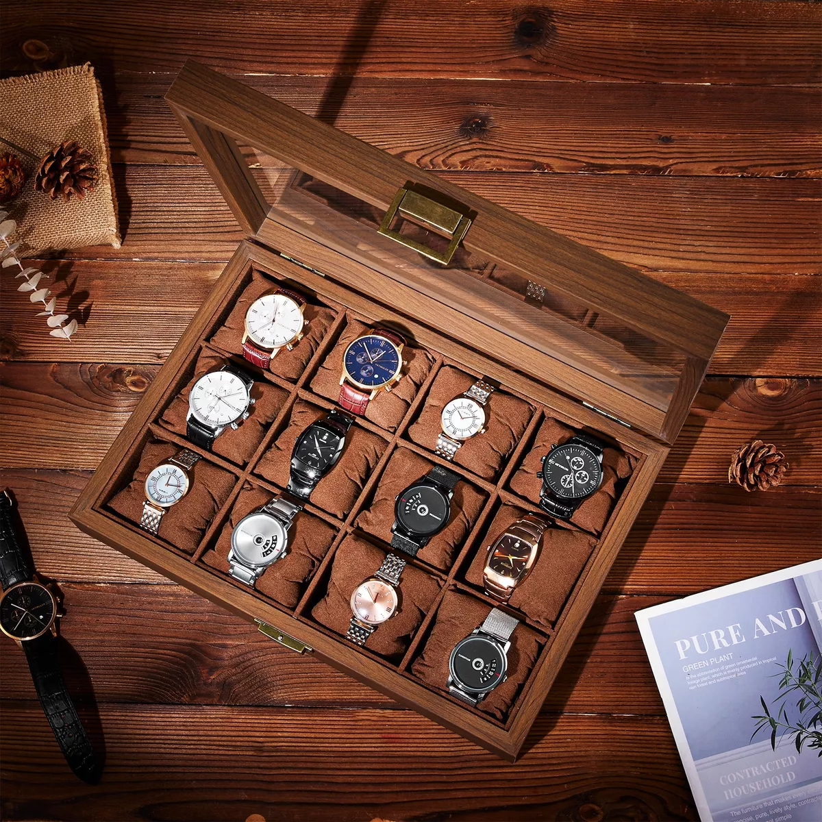 Caja Para Relojes Y Alhajero Con 12 Compartimentos En Nogal
