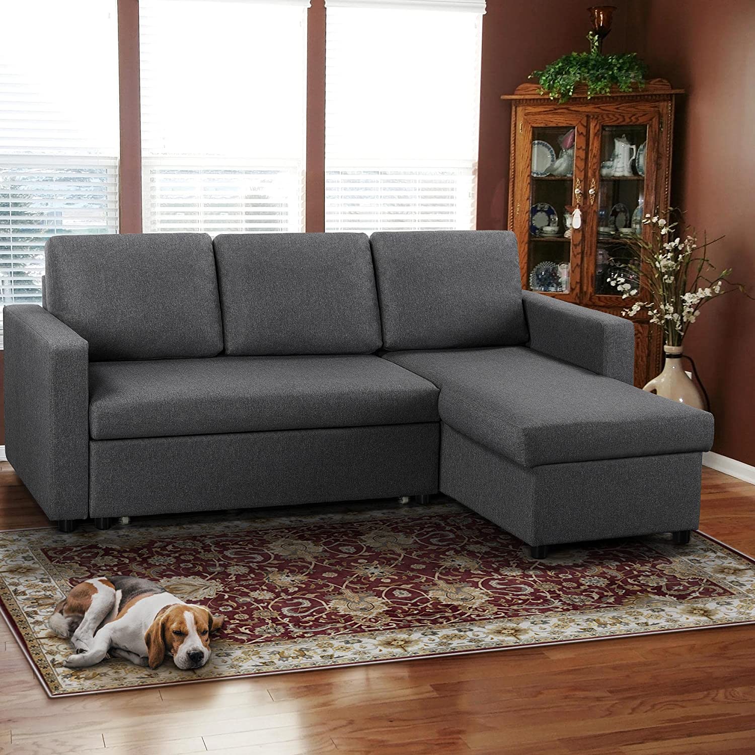 Sof&aacute; cama seccional moderno con forma de L con chaise, reversible con cama extra&iacute;ble y espacio de almacenamiento, sof&aacute; convertible de 4 asientos, apto para sala de estar/espacios limitados, gris