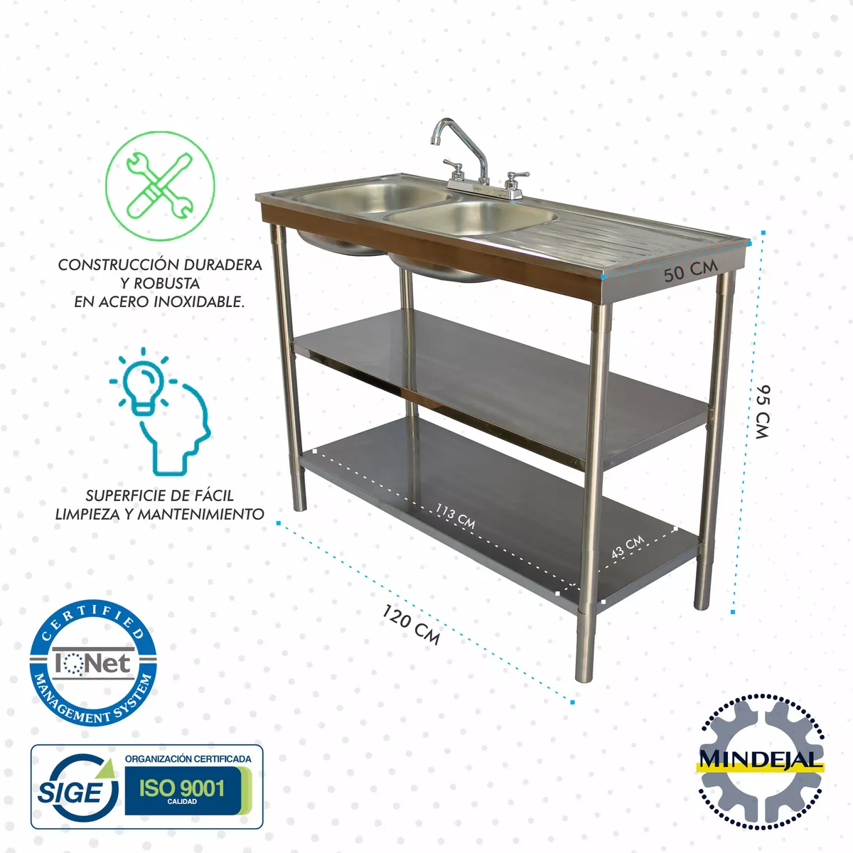 Fregadero Doble Acero Inoxidable Izquierdo 2 Entrepaños