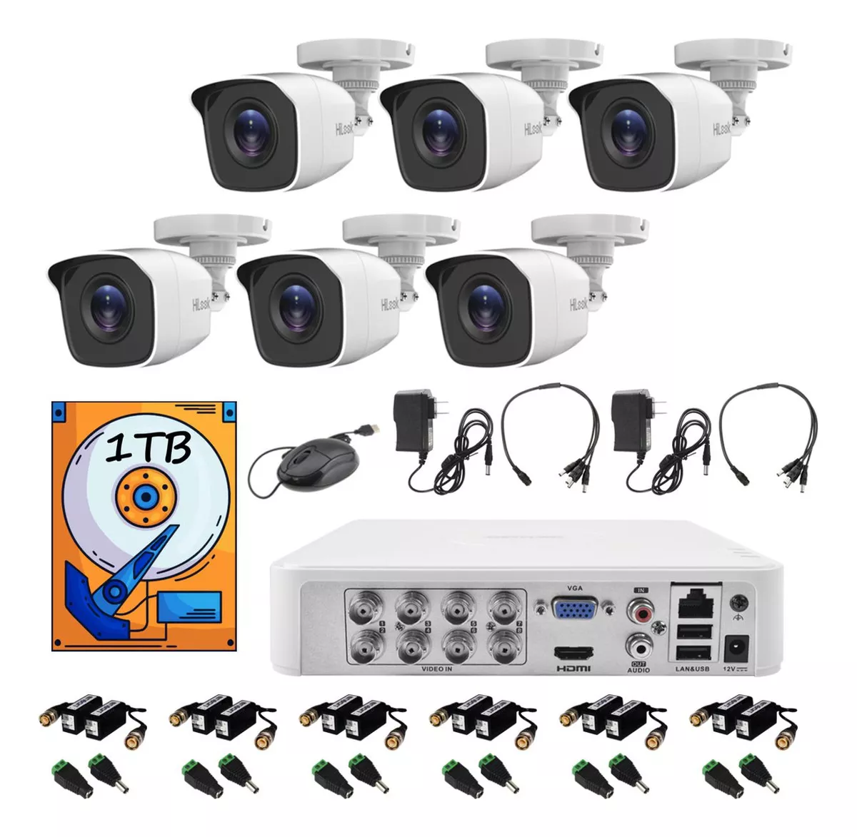 kit Circuito Cerrado Hilook Dvr 8 Canales 6 Camaras 1080 Full Hd Thc-b120-pc Videobaluns + Disco Duro 1tb