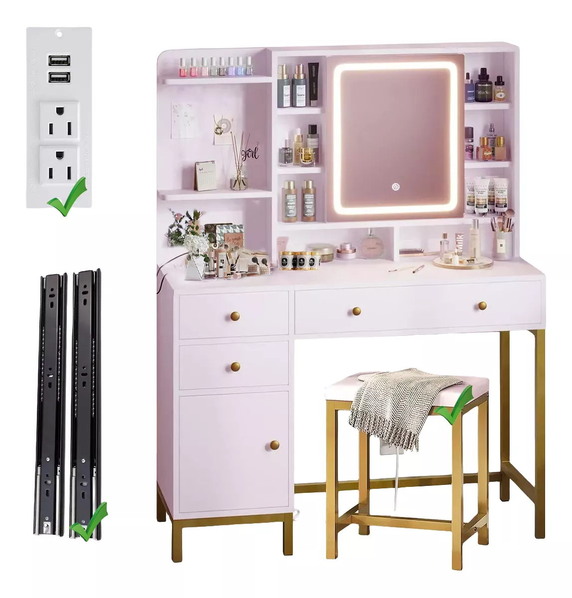 Multifuncional Escritorio Con Espejo Luces Incluye Silla