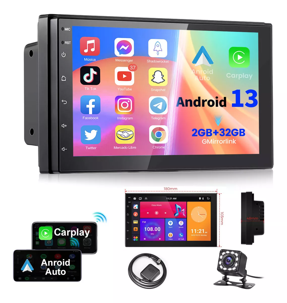 Gearelec 3775160 Autoest&eacute;reos Pantalla Android 13 Carplay 2 Din 7 pulgadas 2+32g Android Auto Wifi Gps CarPlay AUX audio v&iacute;deo imagen RCA FM RDS USB color Negro