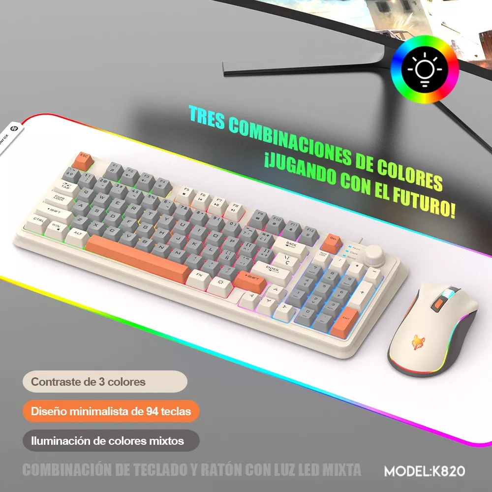 Free Wolf K820 kit De Teclado Y Mouse En Español Con Cable Mouse Blanco Teclado Blanco