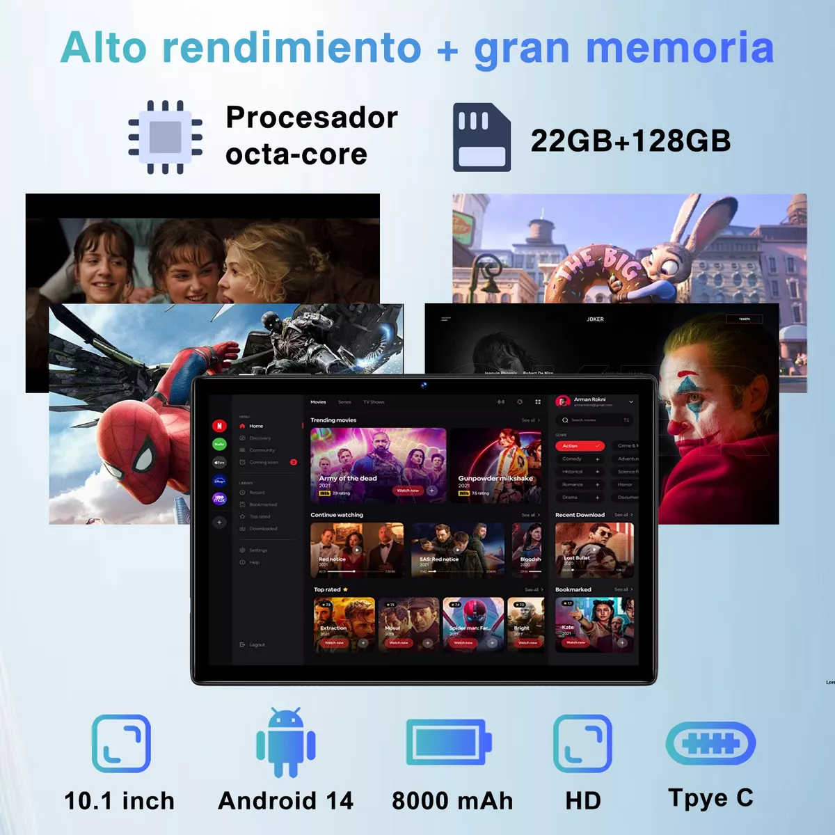 Android 14 Tablet 22gb + 128gb Rom 8000mah Con Funda Mouse