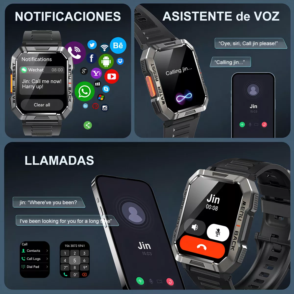 Feipuqu SmartWatch Reloj Inteligente W60 Negro De 2.1 Smart reloj Pulgadas Hombre Militar Linterna Bluetooth Ip68 Resistente Al Agua Batería De 900 Mah