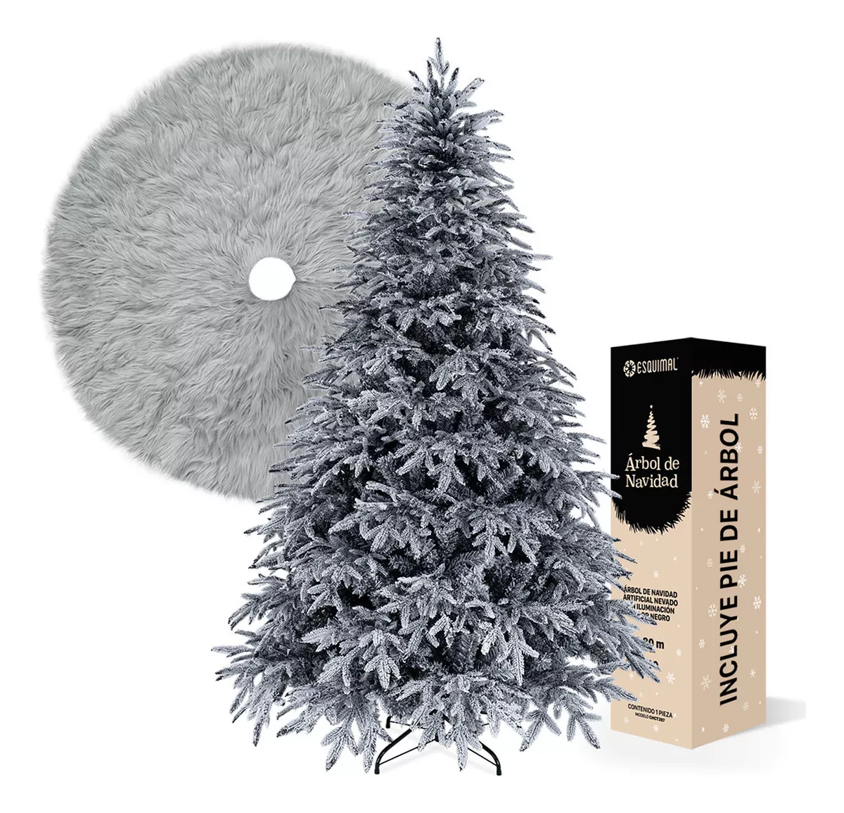 Árbol De Navidad Negro Nevado 2.2m Esquimal + Pie De Árbol Afelpado Gris