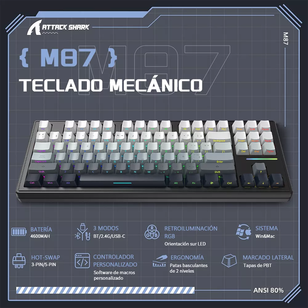 Attack Shark M87 Teclado Mecánico Bluetooth Inalámbrico De Tres Modos Con Cable Rgb Junta Personalizada Teclado Para Juegos Intercambiable En Caliente Negro