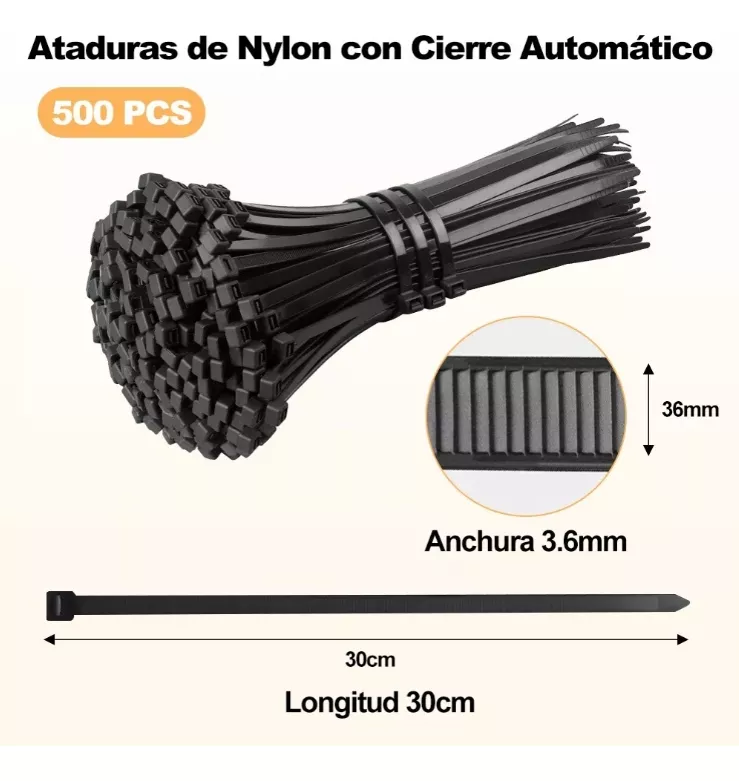 Cincho Plástico 30cm Largo 3.6mm Ancho Nylon Bridas 500pcs Negro
