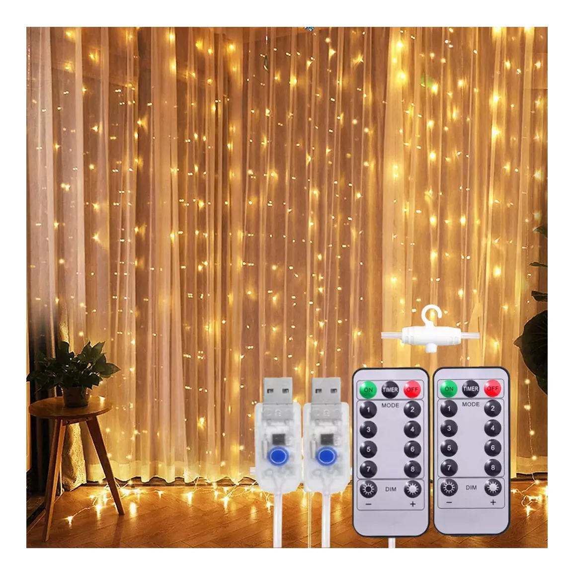 2pcs Cortina De Luces Decoracion 300 Led 3x3m 8 Modos Adornos De Navidad Y Fiesta Usb Geenary Total 600 Led Blanco C&aacute;lido