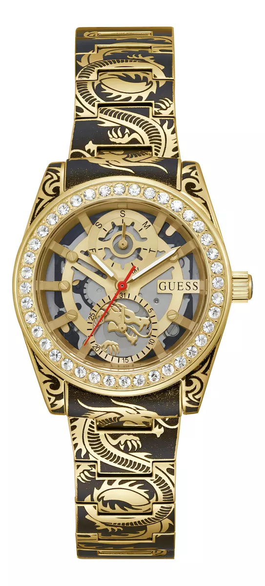 Reloj Guess Dragon Mujer Dama Correa Dorado Bisel Dorado Fondo Dorado