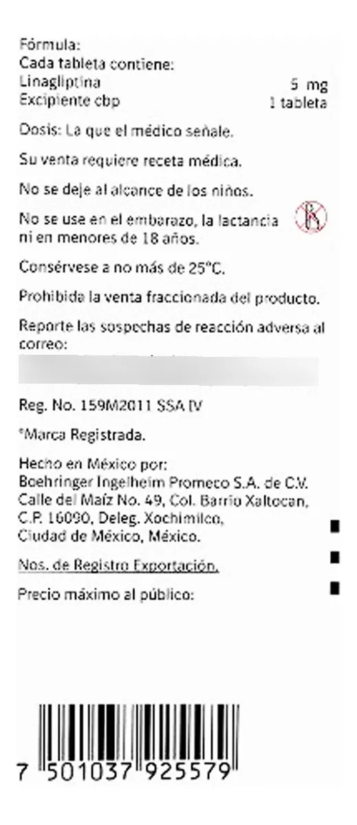Trayenta 5mg Linagliptina Con 30 Tabletas paquete 3 Piezas