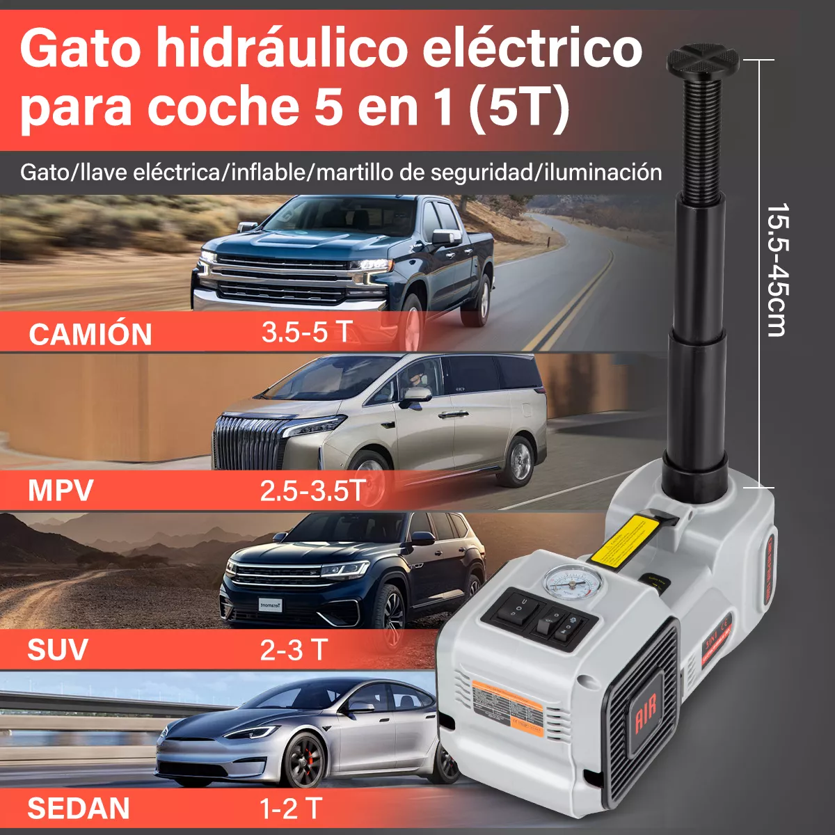 5 En1 Gato Hidráulico Eléctrico Automotriz 5 Ton 12v Con Luz