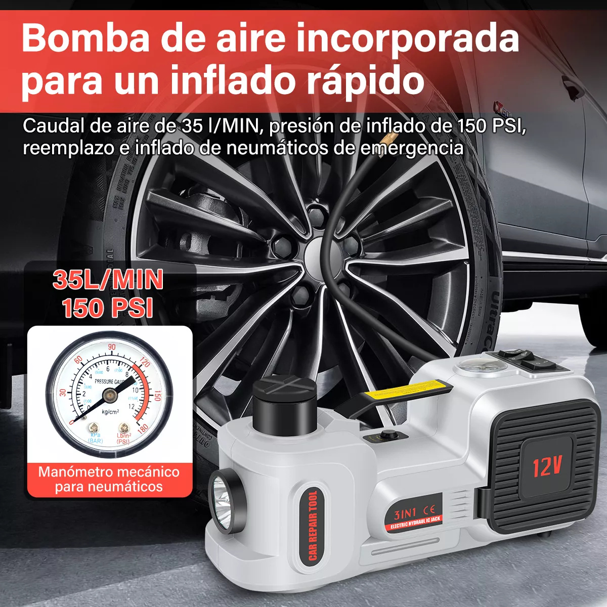 5 En1 Gato Hidráulico Eléctrico Automotriz 5 Ton 12v Con Luz
