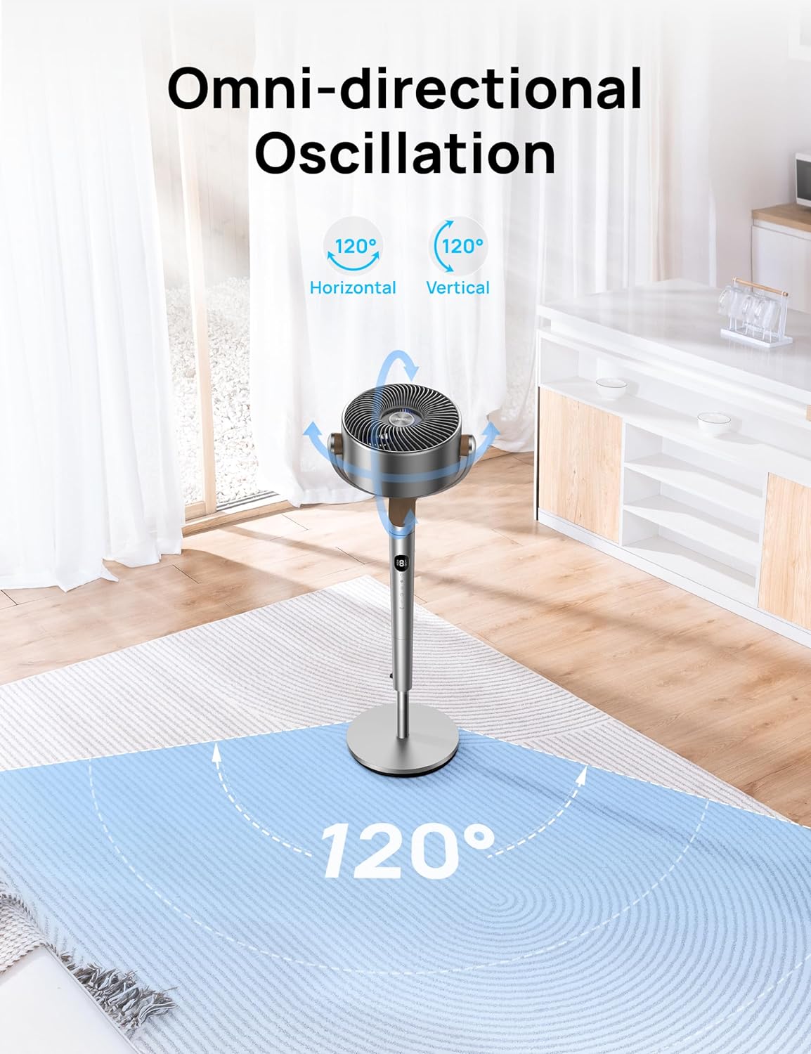 Dreo-Ventilador de pie, ventilador oscilante omnidireccional de 120&deg;+120&deg; para rec&aacute;mara, circulador de 85 pies con control remoto, ventiladores de pedestal silenciosos de motor CC, altura ajustable