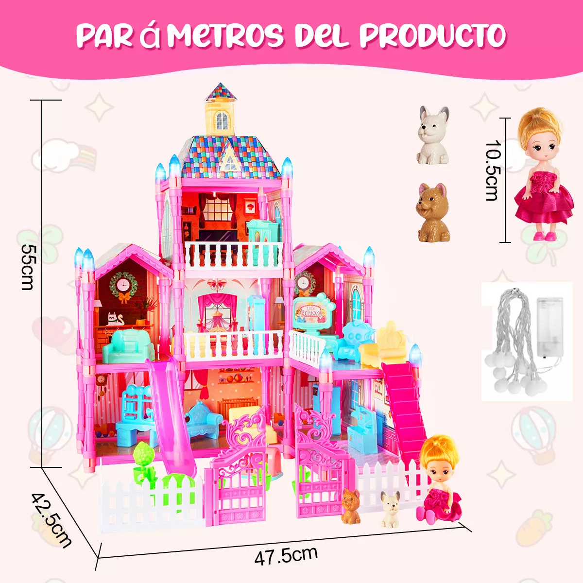 Casa De Muñecas Niña Con Tobogán Y Luz Led 192pcs 8 Espacios