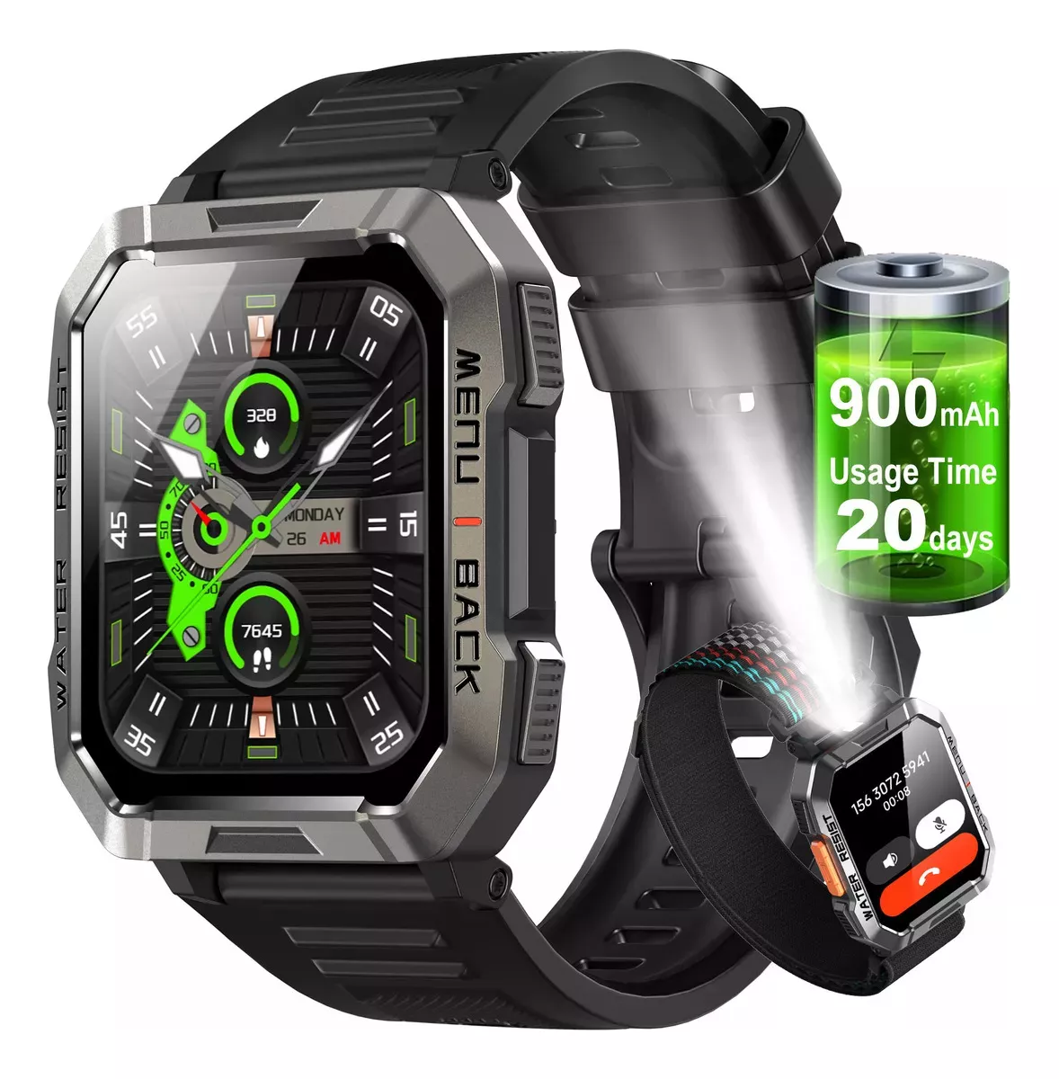 Feipuqu SmartWatch Reloj Inteligente W60 Negro De 2.1 Smart reloj Pulgadas Hombre Militar Linterna Bluetooth Ip68 Resistente Al Agua Bater&iacute;a De 900 Mah