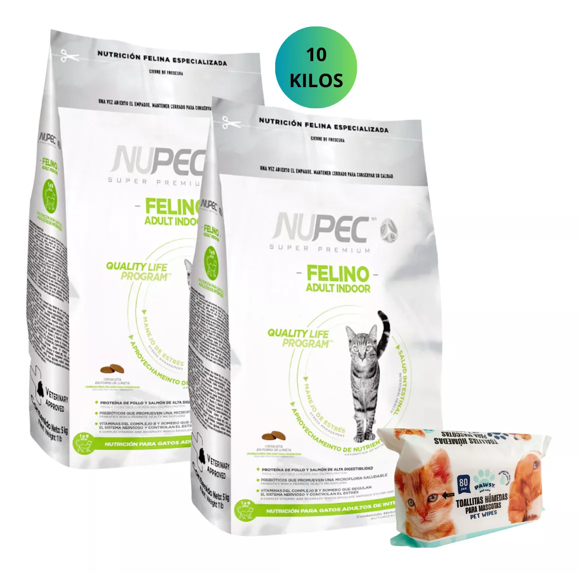 2 Costales Croquetas Gato Nupec Indoor 5kg+toallitas H&uacute;medas