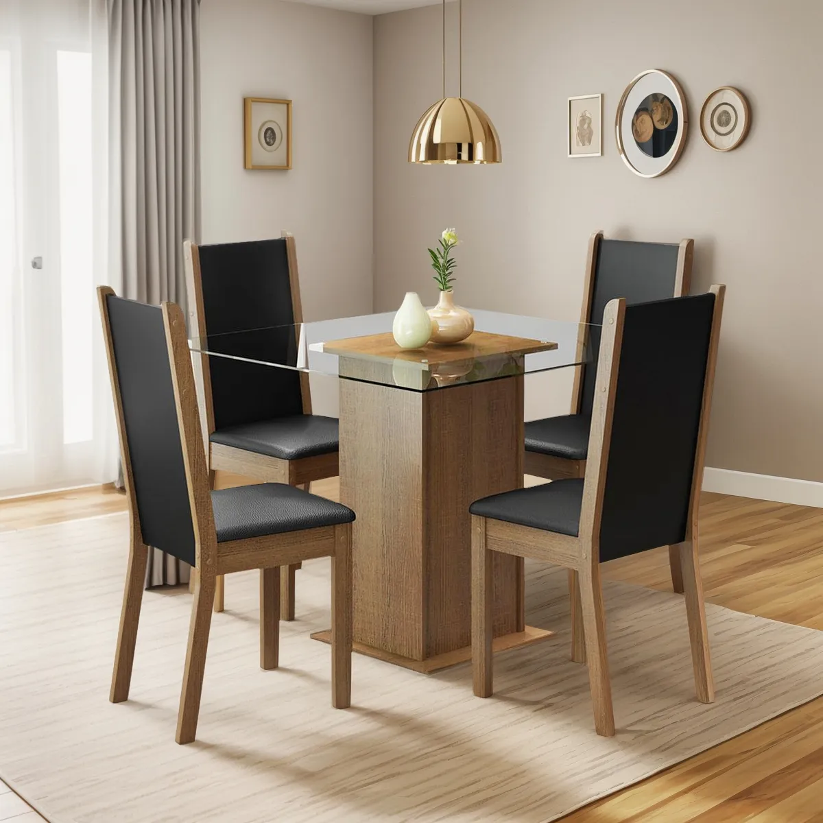 Juego Comedor Aline Madesa Mesa Tablero Vidrio 4 Sillas Mcp color Marr&oacute;n/Negro Dise&ntilde;o de la tela de las sillas Liso