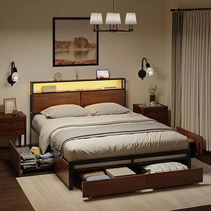 Base Cama King tamaño Cabecera Puertos Usb Luces Led Y Cajones color Marrón Rústico